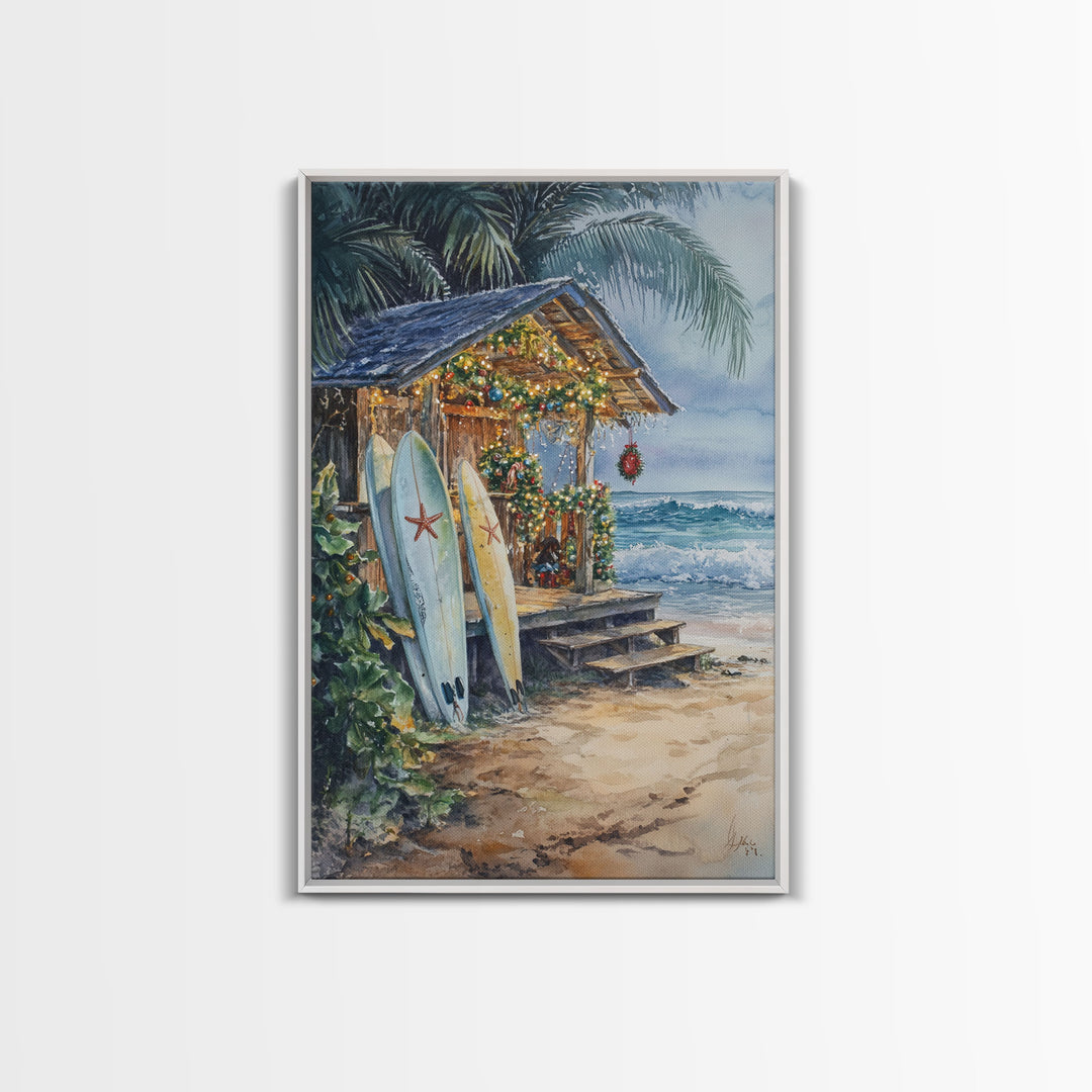 The Surf Shack at Christmas, Surfboard Art, Surfer Christmas Wall Decor, Framed Canvas Print, Cute Christmas Wall Art / Gift Idea