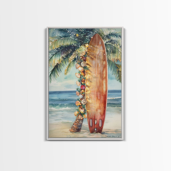 Surfboard Art Framed Canvas Print, Tropical Christmas Decor, Xmas Art, Christmas 2024 Gift Idea For Her