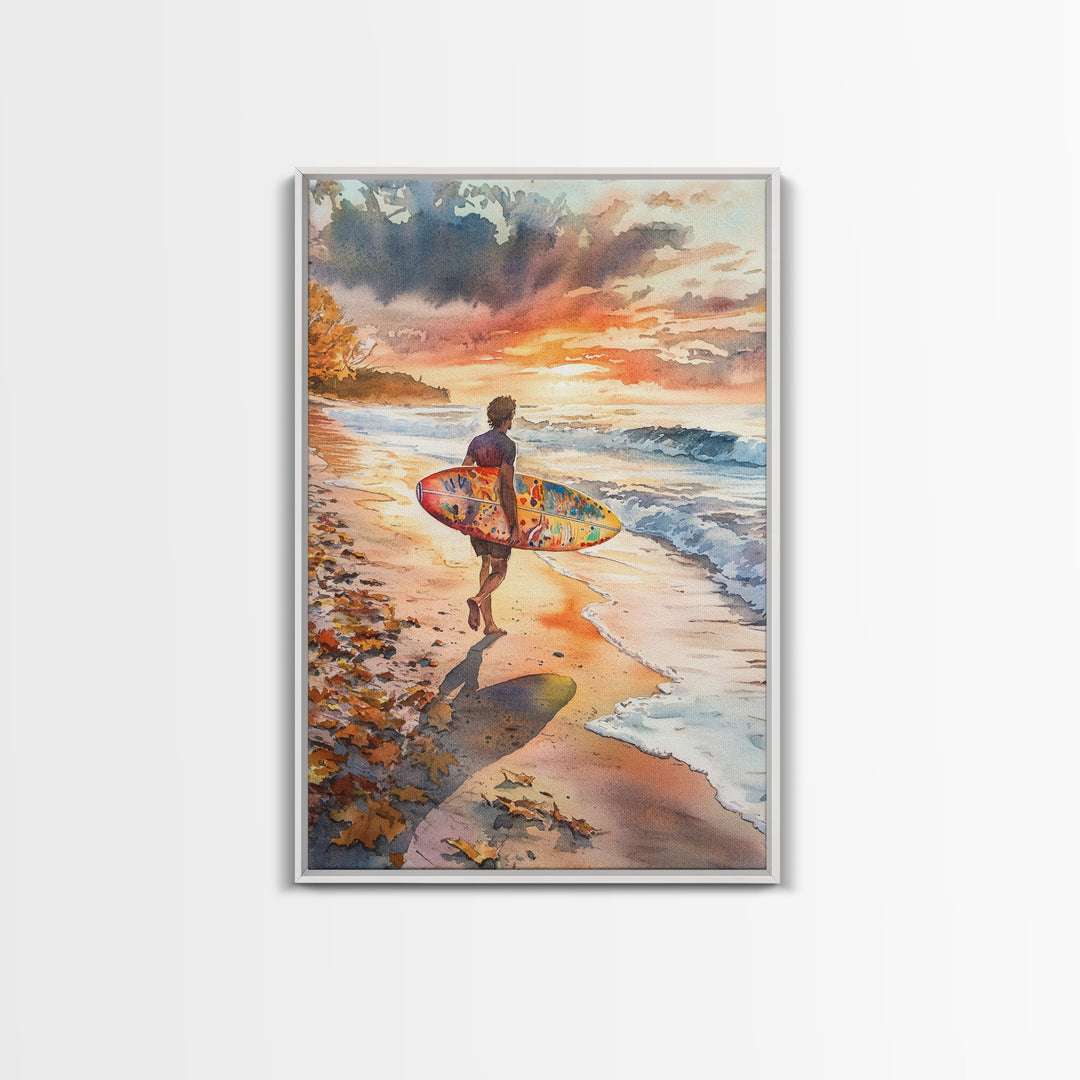 Tall Art Surfer Beach Walk At Sunset Framed Canvas Print Fall Coastal Wall Decor Best Gift Idea Holiday Wall Art Christmas Beach Art