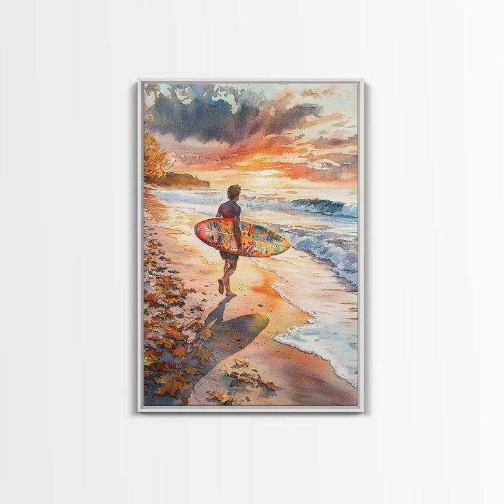 Tall Art Surfer Beach Walk At Sunset Framed Canvas Print Fall Coastal Wall Decor Best Gift Idea Holiday Wall Art Christmas Beach Art