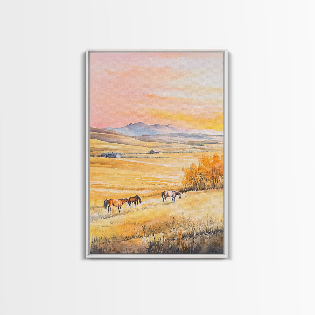 Horses Grazing In Golden Fields Framed Canvas Print Autumn Country Landscape Best Gift Holiday Wall Art Farmhouse Christmas Decor