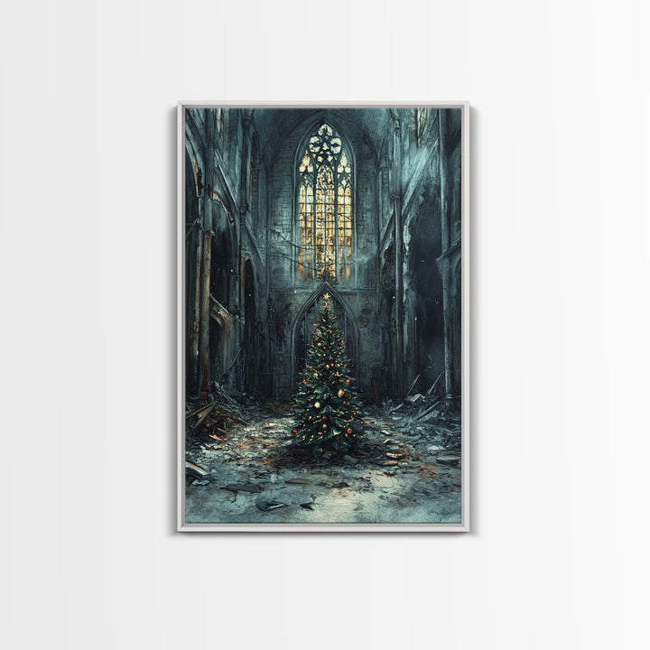 Moody Landscape Gothic Cathedral Christmas Tree Framed Canvas Print Christian Christmas Art Gift Rustic Holiday Wall Art Home Decor