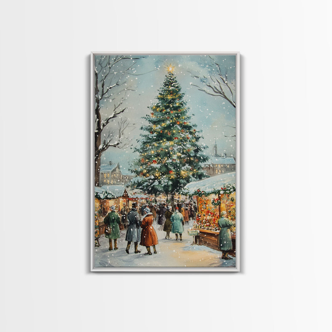 Snowy Christmas Market with Decorated Stalls and Large Holiday Tree, Framed Canvas Print for Vintage Christmas Wall Decor