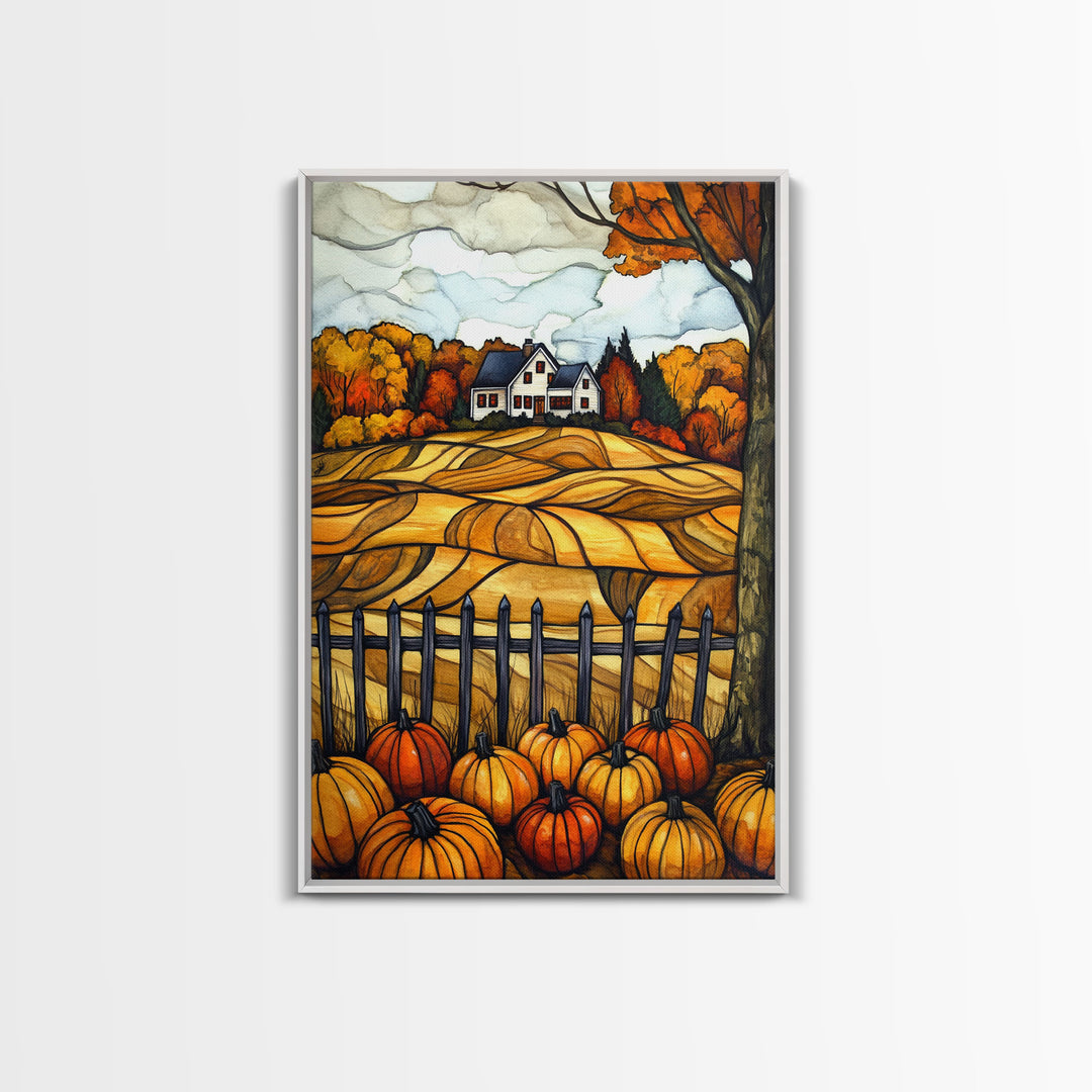 Cozy Fall Farmhouse With Pumpkins Framed Canvas Print Autumn Wall Art Country Farmhouse Decor Best Gift Idea Above Sofa Seasonal Art