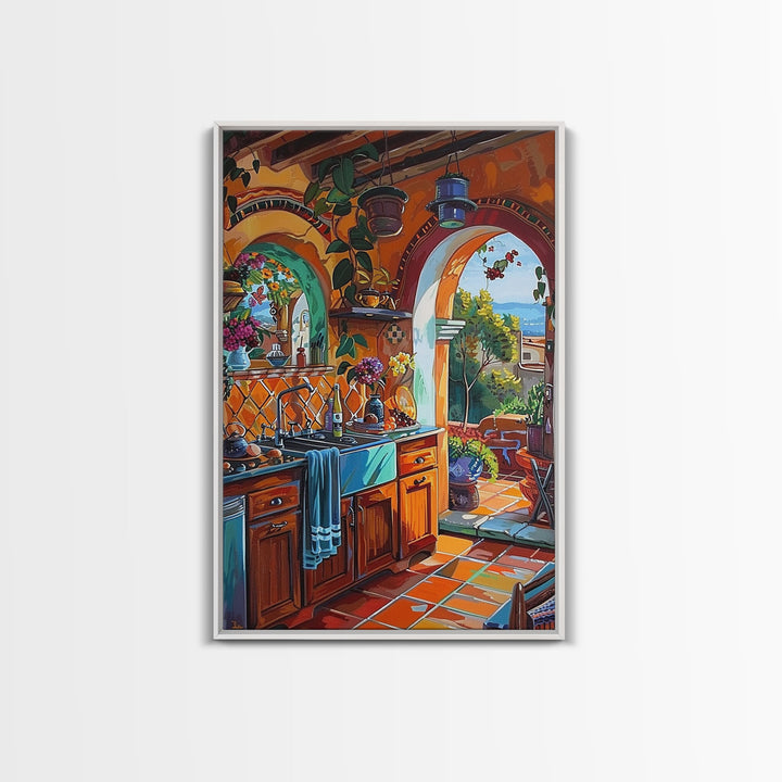 Sunlit Mediterranean Kitchen Framed Canvas Print Colorful Interior Wall Art Best Gift Idea Bright Rustic Home Seasonal Decor