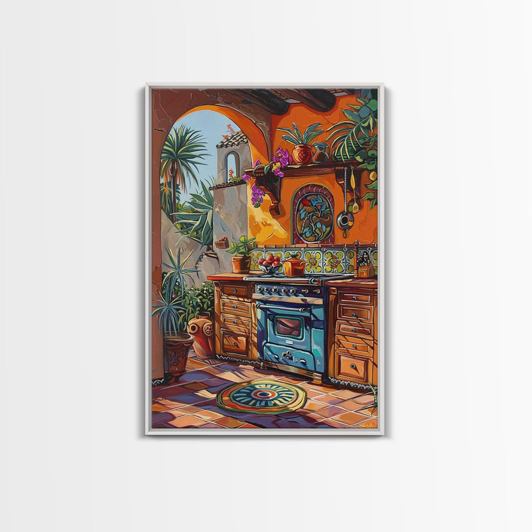 Vibrant Spanish Style Outdoor Kitchen Framed Canvas Print Colorful Tile Art Best Gift Rustic Wall Art Home Seasonal Decor Above Sofa