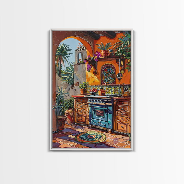 Vibrant Spanish Style Outdoor Kitchen Framed Canvas Print Colorful Tile Art Best Gift Rustic Wall Art Home Seasonal Decor Above Sofa