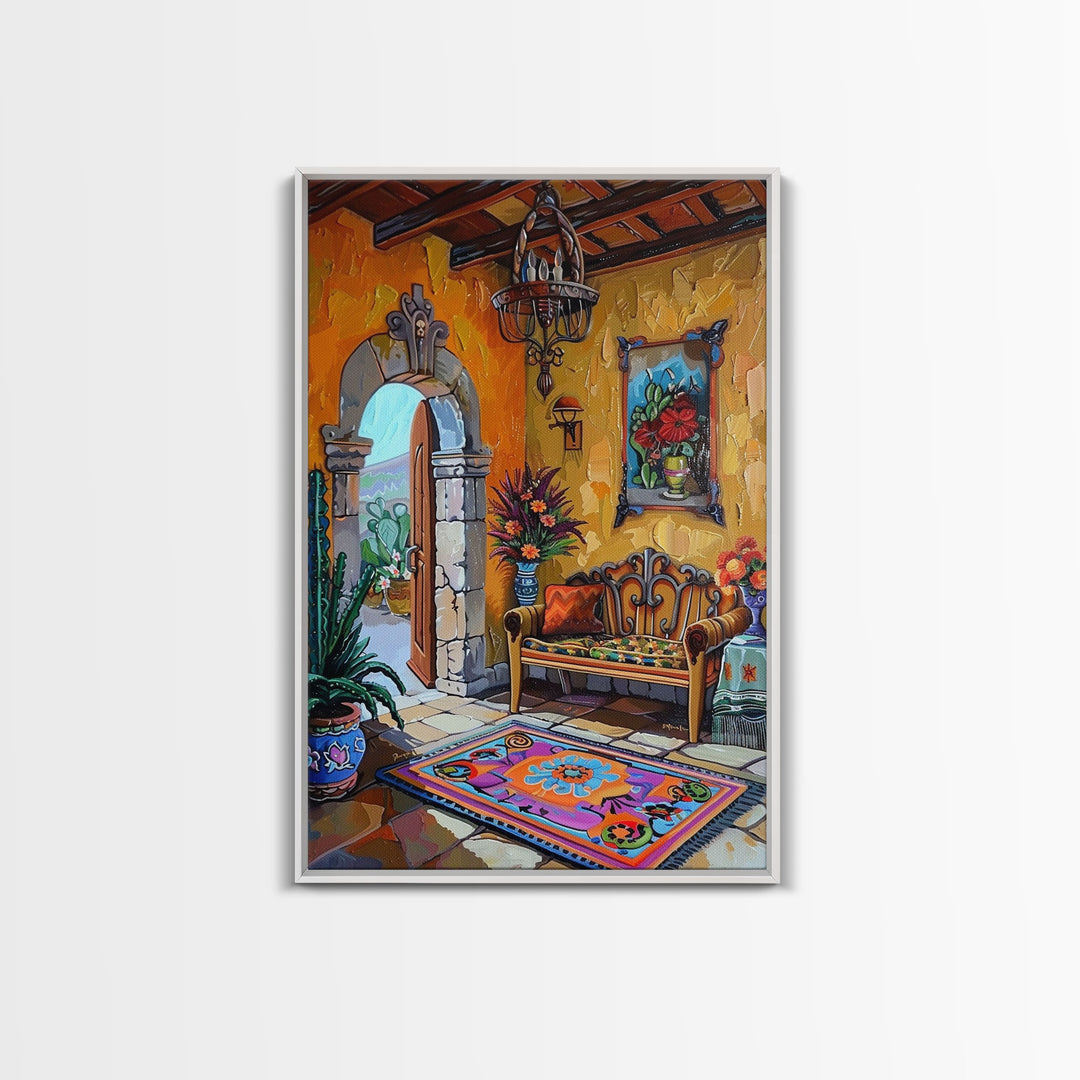 Vibrant Spanish Courtyard Framed Canvas Print Colorful Home Decor Best Gift Bright Seasonal Wall Art Mediterranean Patio Above Sofa Art