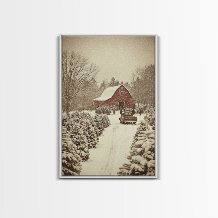 Snowy Farmhouse Christmas Scene with Red Barn and Vintage Truck, Perfect for Framed Canvas Print and Rustic Christmas Wall Art