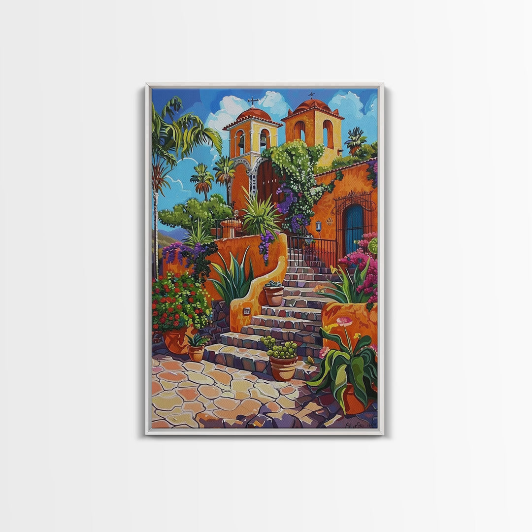 Spanish Mission With Palm Trees And Flowers Framed Canvas Print Colorful Home Decor Best Gift Bright Seasonal Art Above Sofa Wall Art