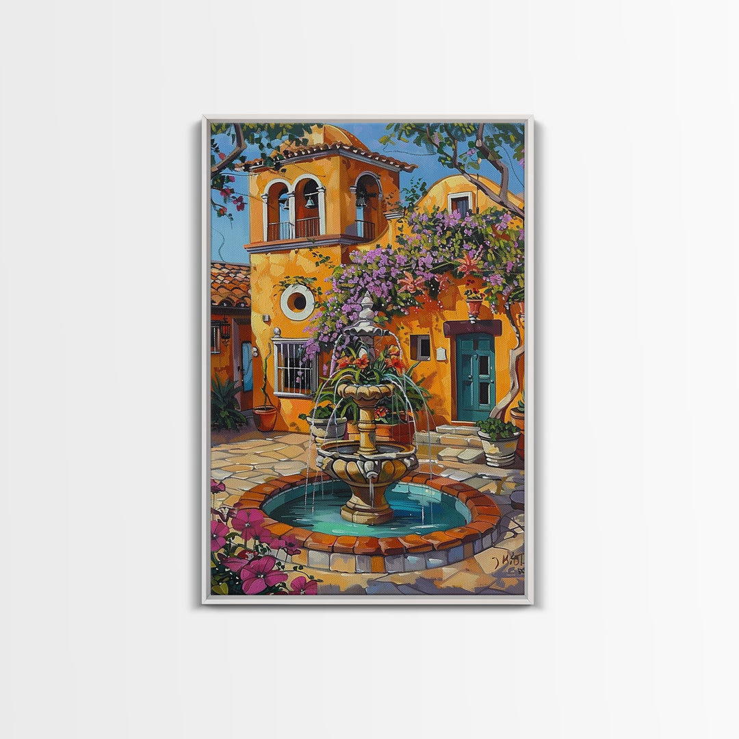 Tall Art Framed Canvas Print Featuring Mexican Style Courtyard Fountain And Vibrant Architecture