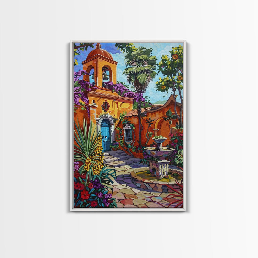 Vibrant Mexican Style Architecture Framed Canvas Print Tall Art Featuring Colorful Homes And Nature