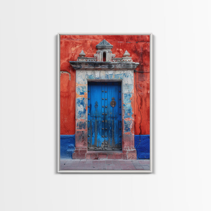 Tall Art Framed Canvas Print Of Mexican Style Blue Door And Red Walls With Vibrant Flowers