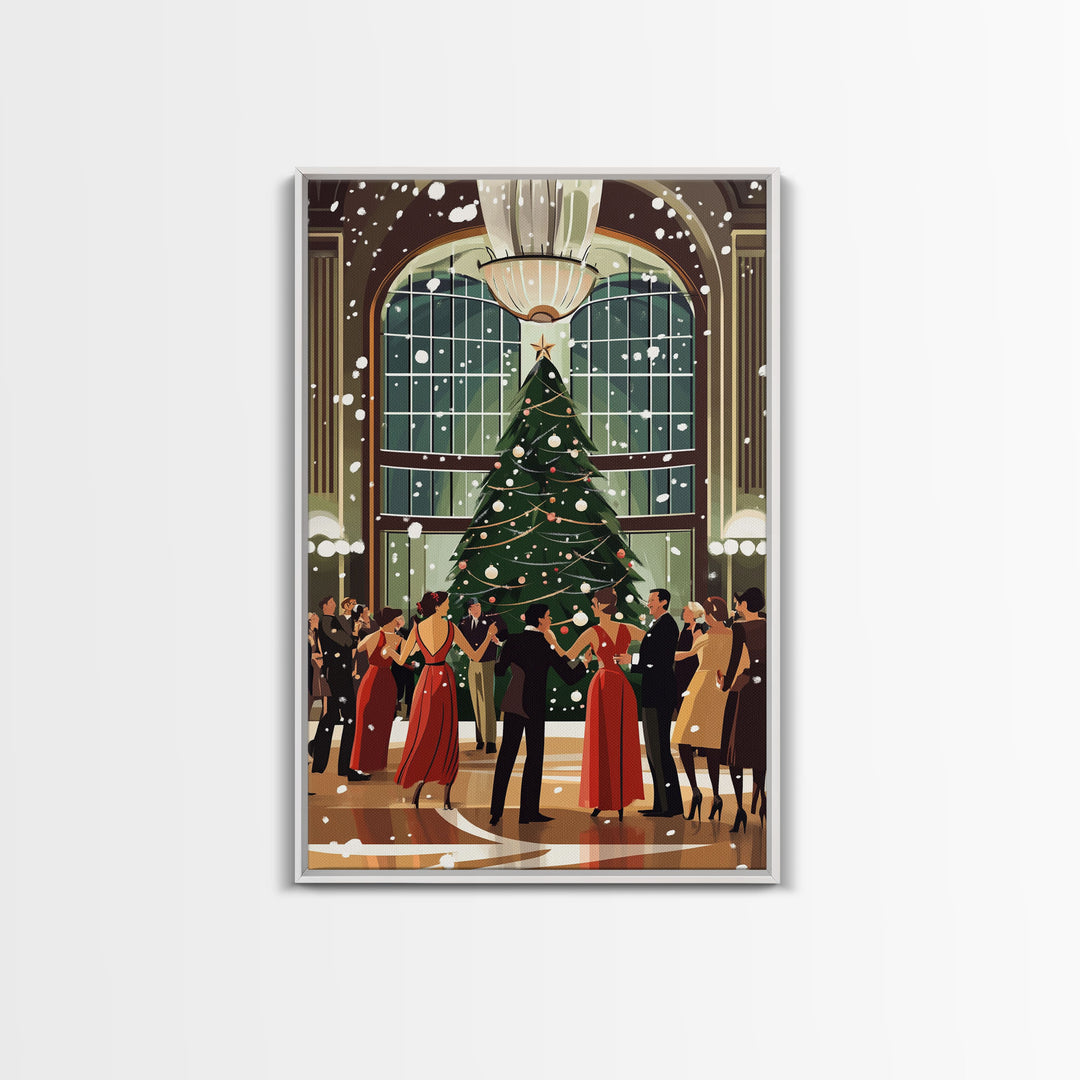 Vintage Christmas Dance in Grand Hall with Snow Falling and Large Decorated Christmas Tree, Ideal Holiday Art, Framed Canvas Print