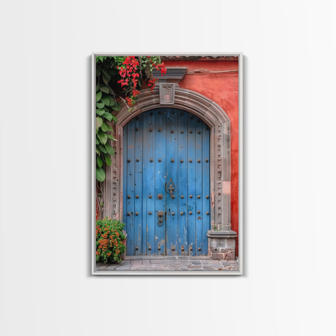 Traditional Mexican Style Rustic Blue Door Tall Art Framed Canvas Print Featuring Detailed Architecture