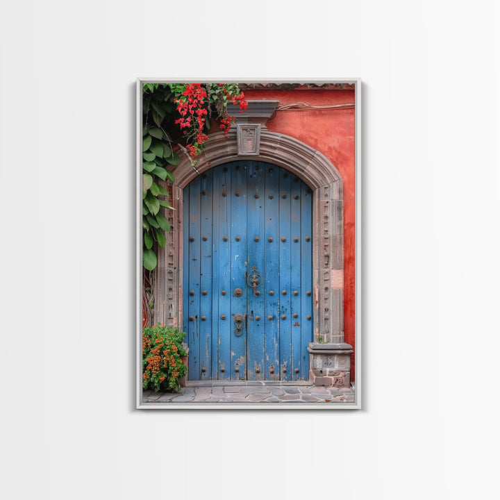 Traditional Mexican Style Rustic Blue Door Tall Art Framed Canvas Print Featuring Detailed Architecture