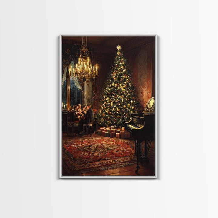 Vintage Victorian Christmas Tree Framed Canvas Print Tall Art With Grand Piano And Family Gathering, Elegant Christmas Wall Art Decor