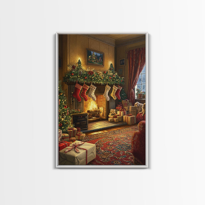 Cozy Christmas Mantle Decor Framed Canvas Print With Stockings Hanging And Presents By The Fire, Seasonal Holiday Wall Art Farmhouse Style