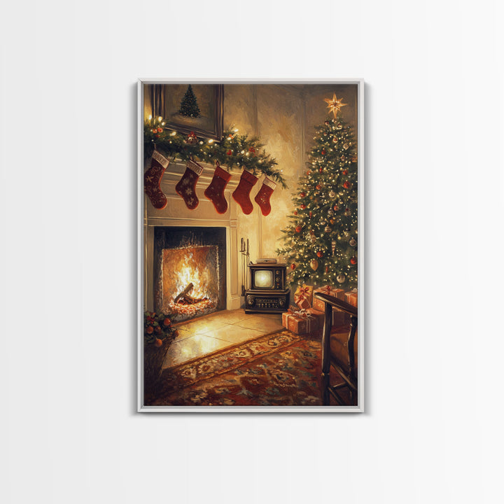 Nostalgic Christmas Living Room Scene Framed Canvas Print With Vintage Fireplace And Tree, Warm Holiday Wall Art Christmas Decor