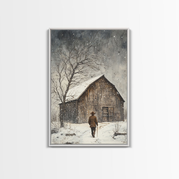 Winter Barn Snow Scene Framed Canvas Print - Moody Landscape Art Perfect Gift Idea 2024 Farmhouse Rustic Winter Wall Decor