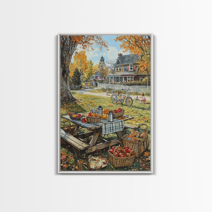 Autumn Picnic Outdoors Tall Art Framed Canvas Print With Basket Of Apples, Fall Scene Wall Art, Country Farmhouse Decor For Kitchen