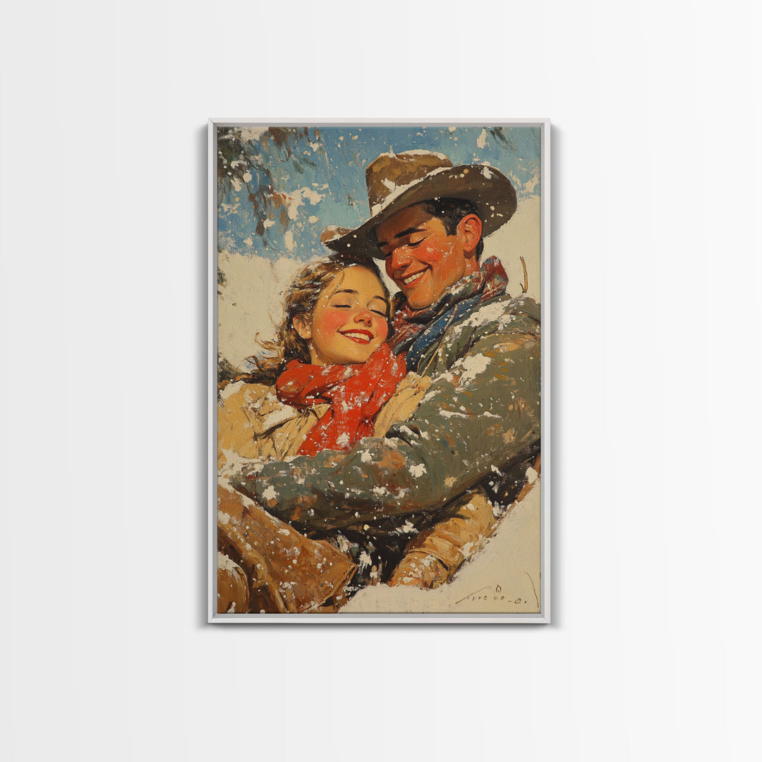 Snowy Couple Embrace Framed Canvas Print - Retro Christmas Art 2024 Holiday Home Decor Gift Idea for Cozy Winter Wall Art