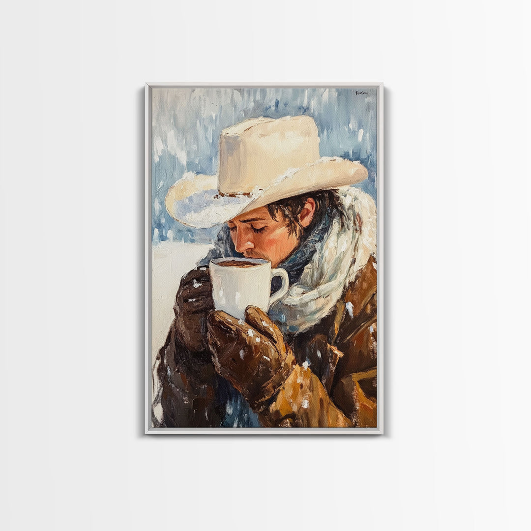 Cowboy Drinking Hot Cocoa Framed Canvas Print - Cozy Winter Wall Art 2024 Rustic Christmas Decor and Gift Idea