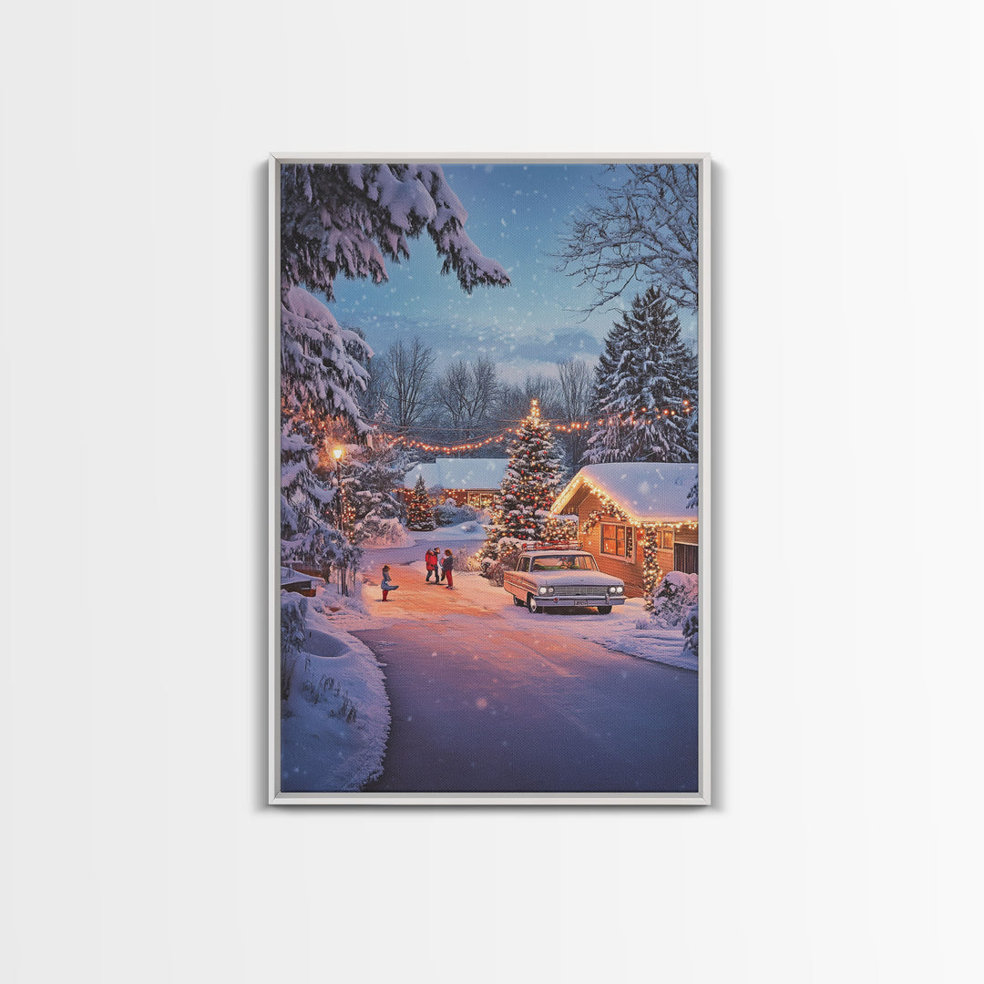 Classic Winter Christmas Neighborhood Framed Canvas Print Tall Art With Lights And Christmas Tree, Holiday Wall Art Home Decor