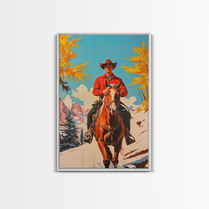 Western Cowboy on Horseback in Snowy Winter Landscape Canvas Print Vintage Christmas Wall Decor Winter Wonderland Christmas Gift Wall Art