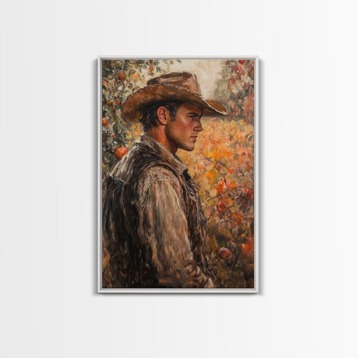 Thoughtful Cowboy in Orchard Canvas Print with Fall Colors, Rustic Western Art, Autumn Decor Gift, Vintage Wall Art, Large Canvas Print