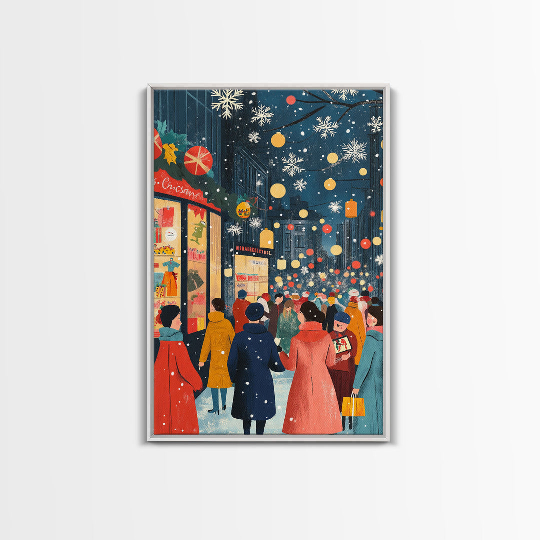 Retro City Christmas Shopping Scene Framed Canvas Print Tall Art With People In Coats And Snow, Vintage Holiday Wall Art Decor