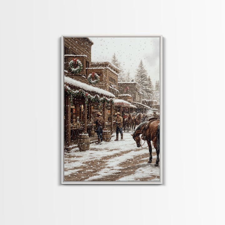 Nostalgic Cowboy Christmas Scene Framed Canvas Print Tall Art With Snowy Western Town, Rustic Wall Art Vintage Christmas Home Decor