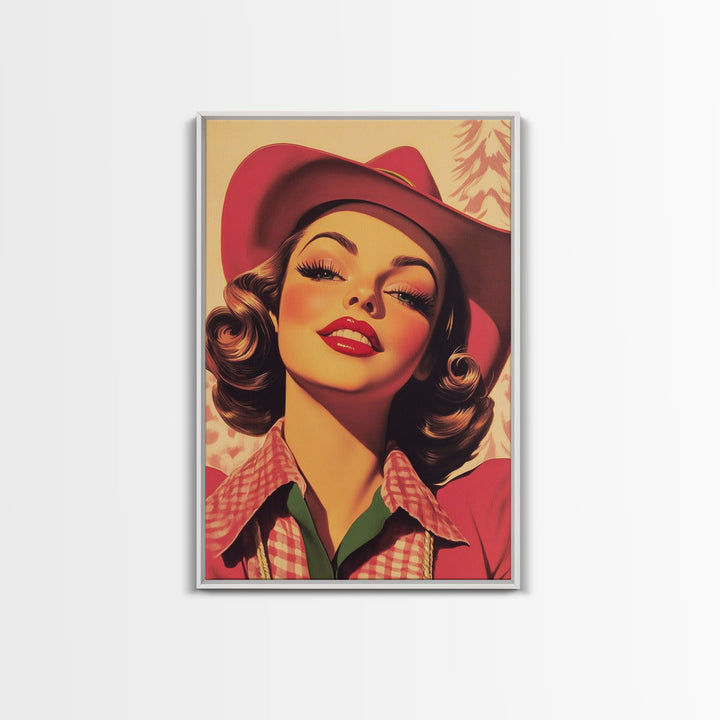 Retro 50s Style Cowgirl Wall Art, Framed Canvas, Vintage Style 50s Art, Fall or Christmas Wall Art