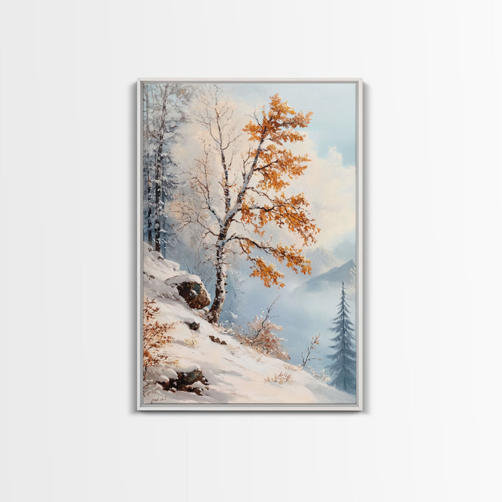 The Tree On The Mountain - Framed Canvas Print - Winter Wonderland Landscape Painting - Tall Christmas Decor