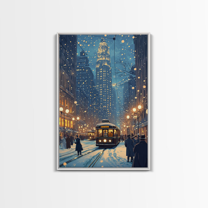 Snowy Winter City Scene Holiday Lights Framed Canvas Print Christmas Wall Art Urban Christmas Decor Holiday Gift Christmas Tree Art Gift