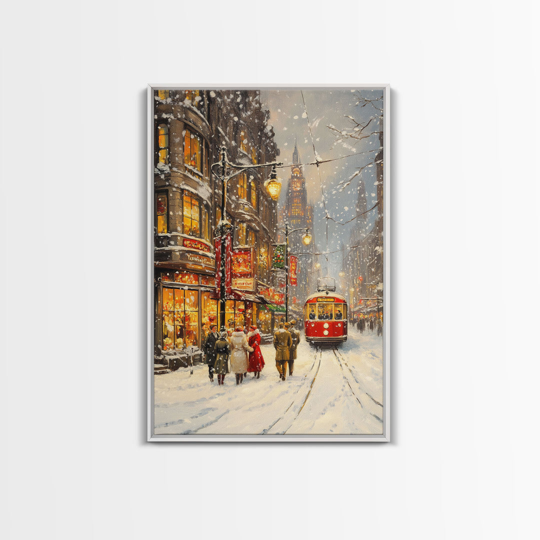 Vintage Snowy Christmas Street Scene With Trolley Framed Canvas Print Holiday Wall Art Retro Christmas Decor Christmas Tree Art Gift Idea