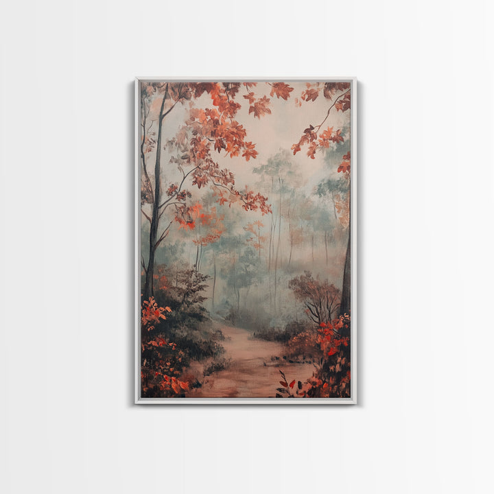 Framed Canvas Print of Autumn Pathway with Red Leaves, Seasonal Wall Art, Best Gift Idea, Modern Farmhouse Fall Decor, Moody Landscape