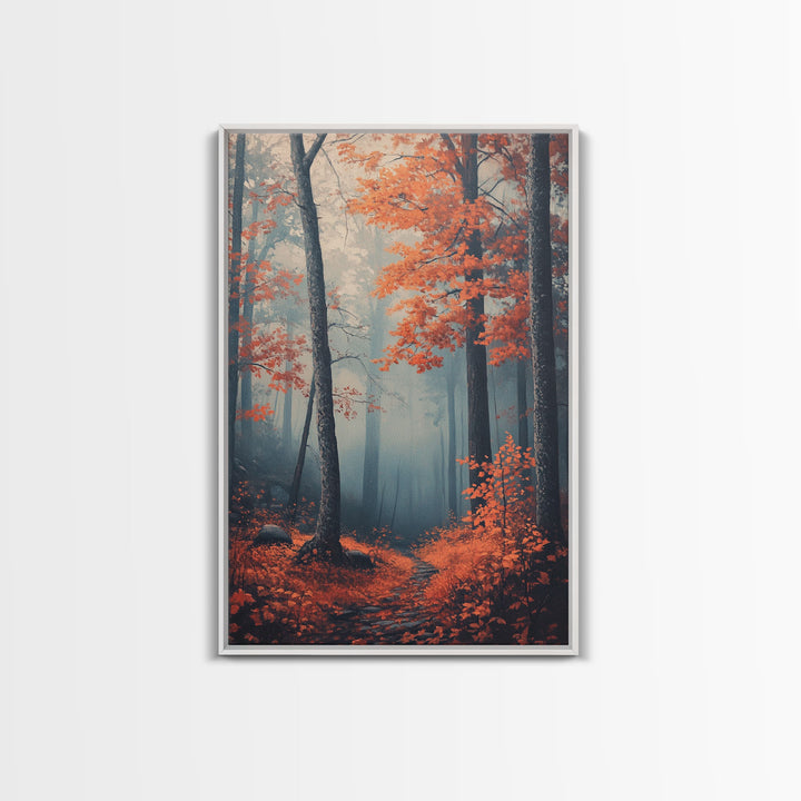 Framed Canvas Print of Misty Autumn Forest with Vibrant Red Leaves, Seasonal Wall Art, Modern Farmhouse, Gift Idea, Fall Landscape Art