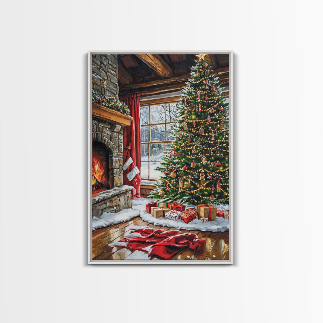 Cozy Cabin Fireplace With Christmas Tree Framed Canvas Print Christmas Wall Art Farmhouse Christmas Decor Holiday Gift Christmas Tree Art