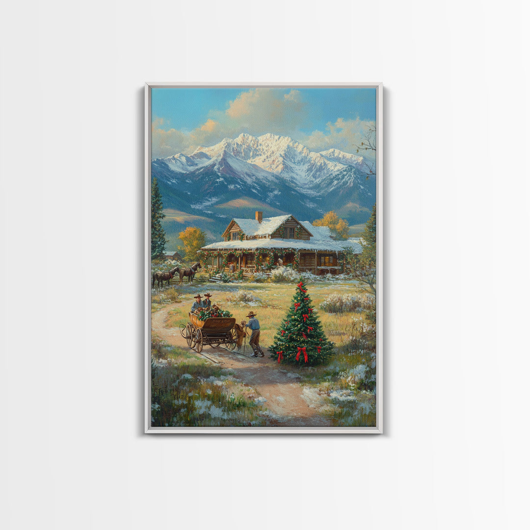 Snowy Mountain Cabin Christmas Tree Scene Framed Canvas Print Christmas Wall Art Holiday Decor Christmas Tree Art Winter Landscape Gift Idea