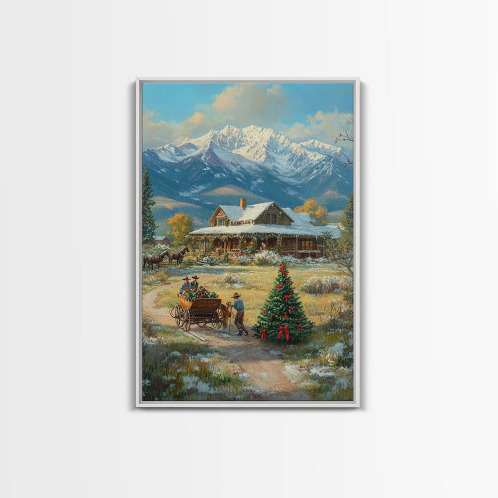 Snowy Mountain Cabin Christmas Tree Scene Framed Canvas Print Christmas Wall Art Holiday Decor Christmas Tree Art Winter Landscape Gift Idea