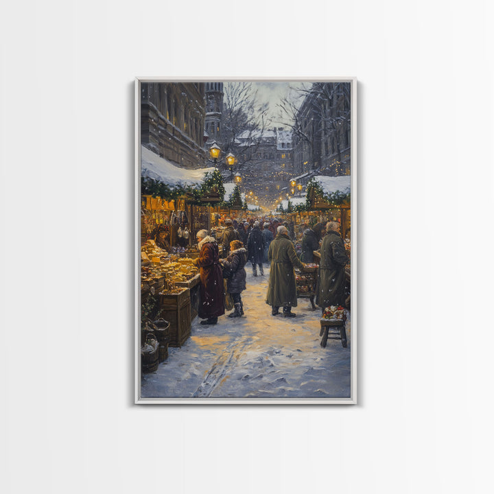 Snowy Christmas Market Scene Framed Canvas Print Christmas Wall Art Holiday Decor Christmas Tree Art Vintage Christmas Holiday Gift Idea