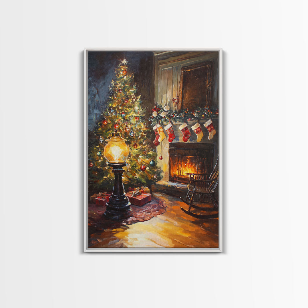 Vintage Christmas Tree And Fireplace Scene Framed Canvas Print Warm Holiday Decor With Stockings And Glowing Lights Christmas Wall Art