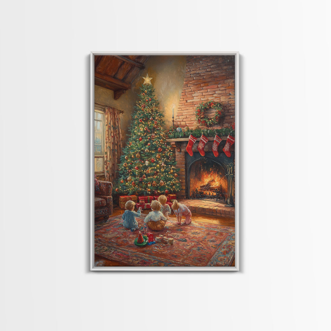 Children By Fireplace And Christmas Tree Framed Canvas Print Cozy Holiday Home Decor With Warm Fire And Festive Decorations Christmas Art