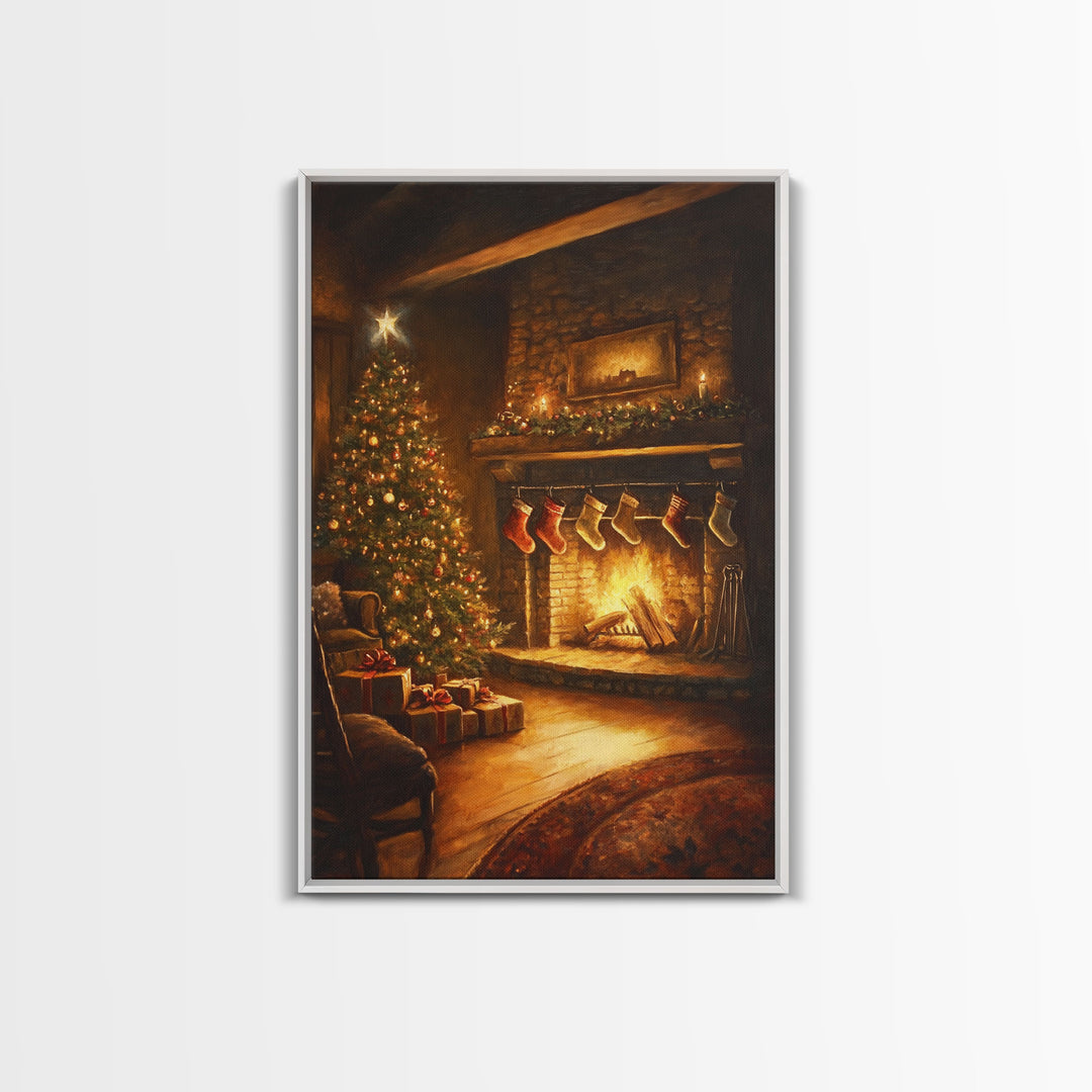 Rustic Cabin Fireplace With Christmas Tree Framed Canvas Print Warm Holiday Decor With Stockings And Christmas Lights Christmas Wall Art