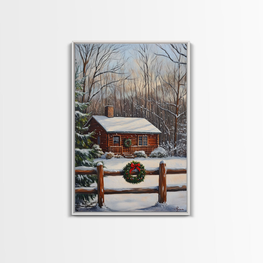 Snowy Log Cabin With Wreath And Fence Framed Canvas Print Rustic Winter Scene With Cozy Cabin In Snow Perfect Christmas Home Decor Wall Art