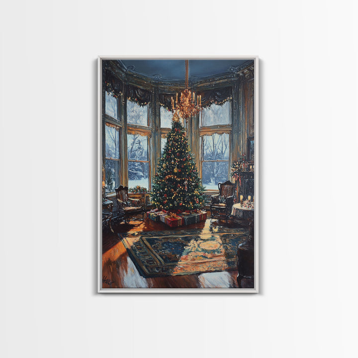 Grand Victorian Christmas Tree In Luxury Room Framed Canvas Print Classic Holiday Home Decor With Snowy Window And Festive Lights Wall Art