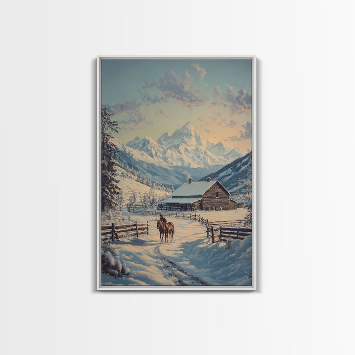 Winter Ranch Scene With Horses Framed Canvas Print Snowy Mountain Landscape Rustic Country Christmas Art Perfect For Farmhouse Wall Decor