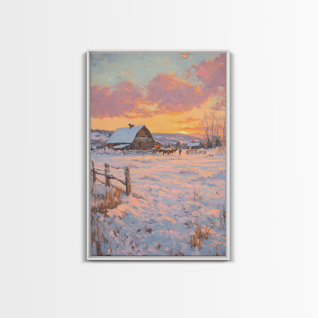 Sunset Over Snowy Ranch Framed Canvas Print Winter Wonderland Scene With Cabin In Snow Christmas Home Decor And Winter Landscape Art