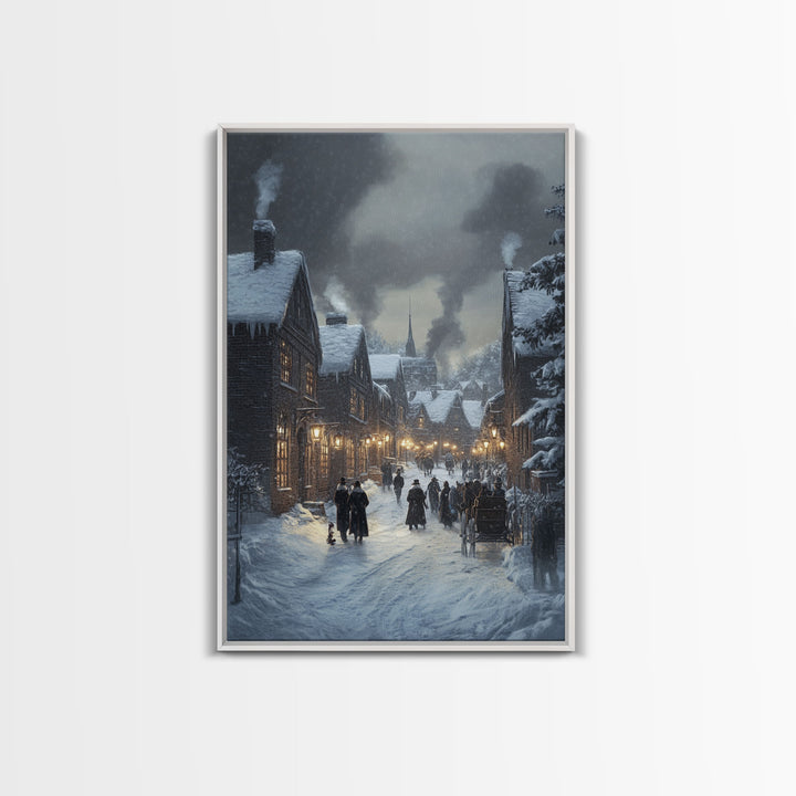 Traditional Victorian Christmas Village in Snow, Classic Christmas Wall Decor for Winter Wonderland Theme, Framed Canvas Print